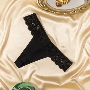 Tanga en dentelle noire pour femme, sous-vêtement sexy brodé avec des détails floraux délicats.