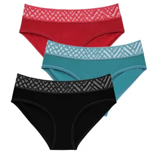 Women seamless cotton panties detail shot featuring patterned lace waistband and vibrant three-pack colors.