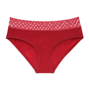 Red lace waistband women seamless briefs detail view breathable comfortable fabric