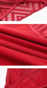 Red lace seamless women briefs detail shot featuring breathable fabric and delicate stitching.