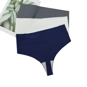 Women's seamless ice silk high waist thong underwear 3-pack solid color soft breathable panty