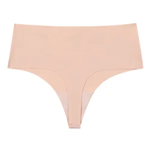Seamless high-waist ice silk thong for women, solid color soft breathable underwear.