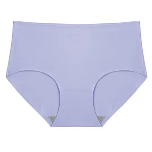 Seamless women ice silk briefs, high waist plus size solid purple underwear detail view.