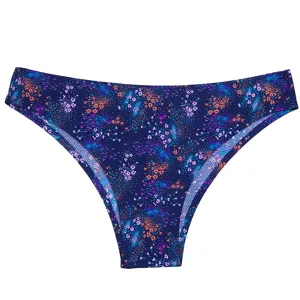 Vista dettagliata di slip bikini donna vita bassa senza cuciture fantasia floreale.