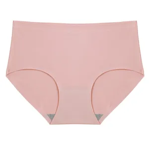 Detailed view of women pink seamless panties, soft ice silk fabric with high waist design.