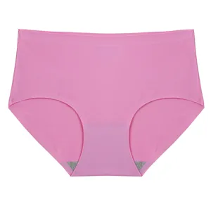 Women pink seamless briefs detail view, comfortable ice silk plus size underwear product shot.