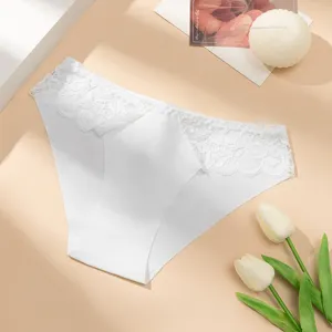 Women's low waist seamless briefs with floral lace waistband, breathable and comfortable daily wear.