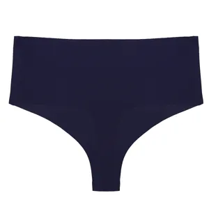 Detail view of women's seamless high-waist solid dark blue thong ice silk underwear.