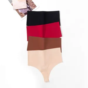 Close-up view of seamless solid color high-waist thongs, ultra-soft fabric, multi-color set.