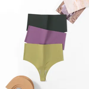 Seamless high waist thong for women, solid color soft minimalist underwear detail.