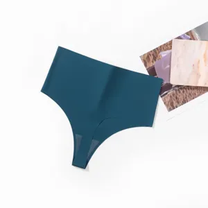 Seamless high waist thong detail, soft dark green minimalist underwear for women comfort.