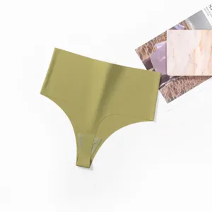 Detail view of seamless olive green thong showing soft fabric and minimalist design.