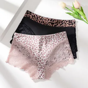 Detailed close-up of breathable lace leopard print women panties soft fabric underwear set