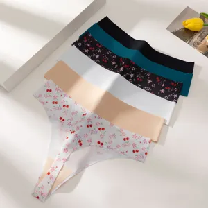 Women's seamless ice silk thong panties low waist floral cherry sexy daily underwear set