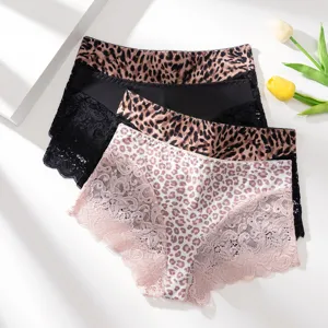 Sexy women's lace leopard print breathable ice silk panties, comfortable hollow low waist underwear.