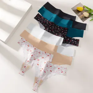 Women seamless ice silk printed low waist sexy cherry thong breathable underwear set