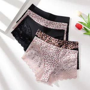 Women lace leopard print panties breathable ice silk seamless underwear sexy cute low-rise briefs