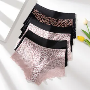 Women lace leopard print panties breathable sexy seamless briefs comfortable daily underwear set