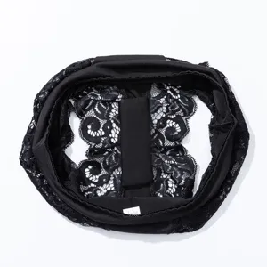 Black lace women's breathable underwear detail, sexy hollow triangle panty, soft ice silk fabric.