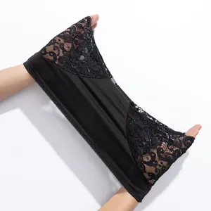 Black lace women underwear stretch fabric detail view showing breathable hollow design.