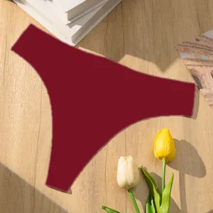 Women wine red seamless ice silk thong low waist solid color sexy briefs breathable underwear