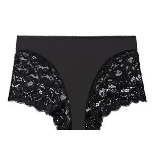 Detail shot of black women lace panties breathable ice silk fabric with hollow floral lace sides