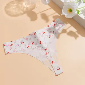 Women sexy ice silk low-waist thong underwear cute cherry floral print seamless briefs