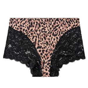 Women's sexy leopard print lace panties detail view, breathable hollow triangle briefs.