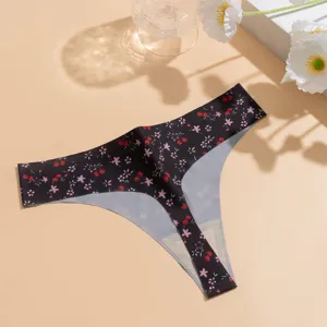 Floral print seamless thong detail, low-waist ice silk fabric, comfortable and smooth fit.