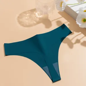 Deep teal low-waist seamless ice silk thong underwear, smooth and comfortable detail shot.