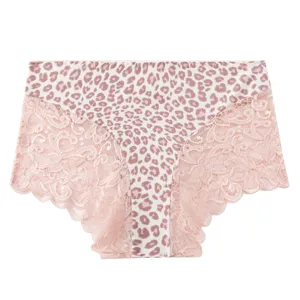 Close-up of women's leopard print panties featuring delicate pink lace side panels detail.