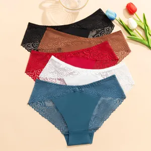 Women Sexy Lace Panties Leaf Pattern Low Waist French Bikini Breathable Semi-Transparent Seamless Lingerie Underwear For Everyday
