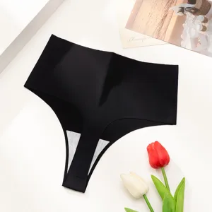 Tanga sans coutures noir pour femme, style sexy uni minimaliste à taille basse.