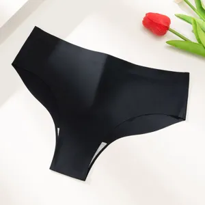 Detail view of women solid color seamless low rise thong underwear comfortable breathable black