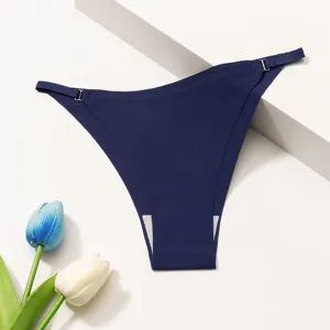 Tanga string pour femme bleu foncé sans coutures, en soie glacée respirante avec boucles réglables.