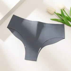 Grey seamless low waist thong detail, soft breathable minimalist solid color underwear.