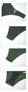 Vista di dettaglio slip bikini perizoma verde scuro donna con dettaglio metallico V.