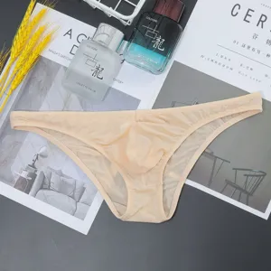 Men's low-waist sheer triangle briefs detail, breathable solid color translucent underwear for youth fashion.
