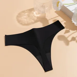 Sexy black seamless thong for women, low waist ice silk underwear, comfortable daily wear.
