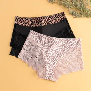 Women Sexy Leopard Print Lace Panties Breathable Nylon Briefs Hollow Out Lingerie For Women Comfy Everyday Underwear