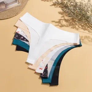 Women Sexy Ice Silk Seamless Thong Low Waist Cherry Printed T-Back Panties European Size Breathable Lingerie Briefs For Ladies
