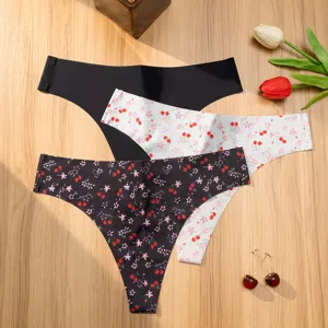 Women sexy low waist seamless ice silk printed thong panties cherry pattern daily underwear