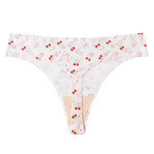 Women seamless ice silk thong cute cherry floral print low rise sexy underwear panty