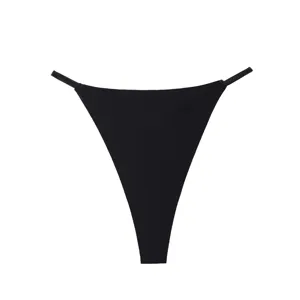 Detailed shot of black seamless low-waist thong, breathable ice silk fabric, smooth underwear.