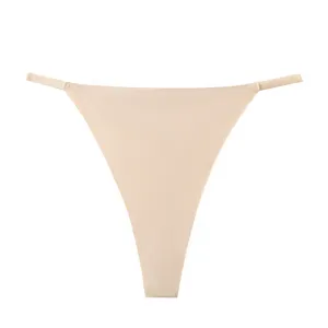 Detailed close-up showing seamless low-rise women solid nude thong, breathable ice silk.