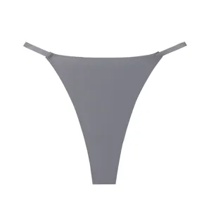 Grey seamless low-waist thong detail, breathable ice silk fabric, minimalist design close-up.