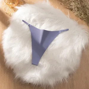 Details of the purple seamless women low waist thong, breathable ice silk fabric style.