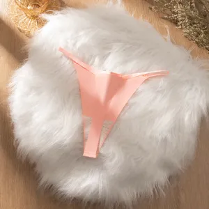 Details of pink low-waist seamless ice silk thong for women, breathable underwear for daily wear.