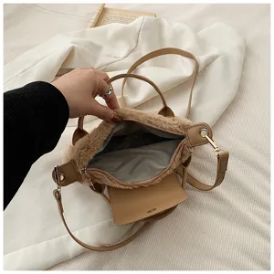 Beige Plüsch Handtasche Damen flauschige Umhängetasche weiche Kunstfell Tasche Alltag Freizeit Tasche