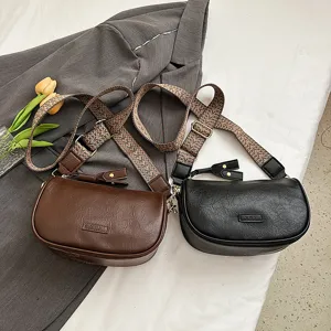 Damen Retro PU Leder Umhängetasche mit breitem gewebtem Gurt lässige Alltagstasche